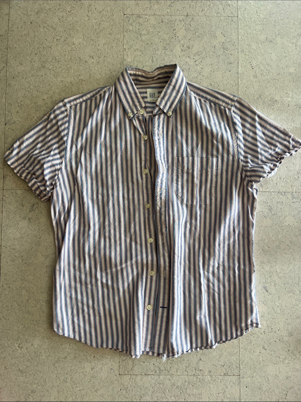 GAP Short-Sleeve Blue and White Vertical Stripe Button-Down Shirt
